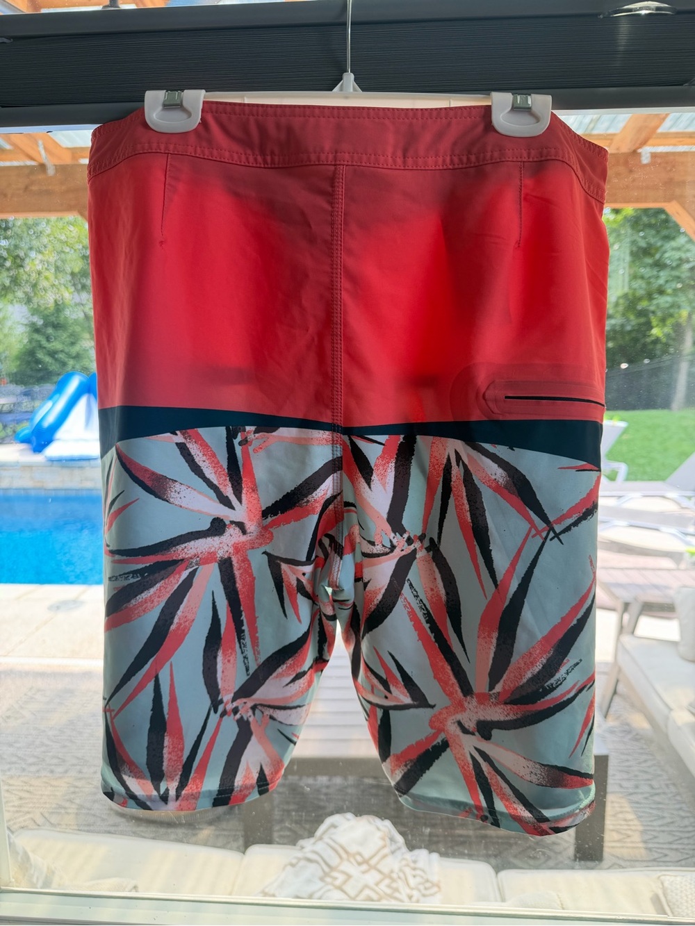 O’Neil Mens Coral and Gray Tropical Print Swim Trunks